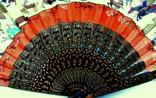 ANTIQUE Chinese/Japanese LACQUER & SILK hand - painted GAME HUNTING brise FAN 6