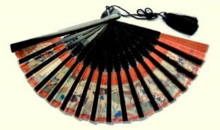 ANTIQUE Chinese/Japanese LACQUER & SILK hand - painted GAME HUNTING brise FAN 8