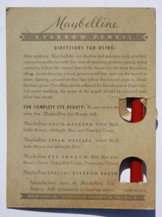 VINTAGE 1940 ' s MAYBELLINE DARK BROWN EYEBROW PENCIL CARD MAKEUP NOS 3
