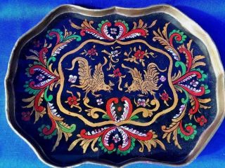 Vintage Antique Chinese Plate Tray Glass Top Fighting Brass Roosters Cockfight