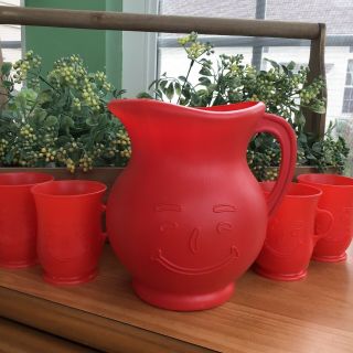 Vintage Koolaid Pitcher And Four Cups Set Red In