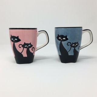 Hues N Brews Pink & Blue Tea Coffee Mug Cup W/ Black Siamese Kitty Cat