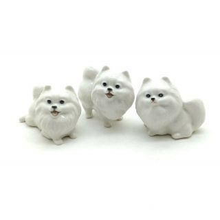 3 White Pomeranian Dog Ceramic Figurine Animal Statue - Cdg028