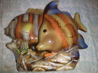 Vtg Mid Century Colorful Ceramic Pottery Dbl Angel Fish Figure Figurine 6.  75 "
