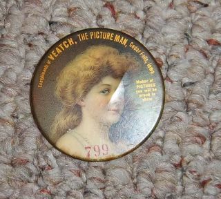 Vintage Celluloid Advertising Pocket Mirror Lady The Picture Man Veatch Iowa
