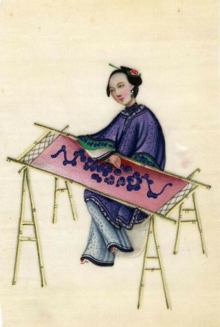 Antique 19th - Century Chinese Pith Painting,  Qing Dynasty Woman Silk Embroiderer