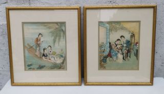 Vintage Framed Chinese Oriental Watercolour Paintings On Silk Of Ladies