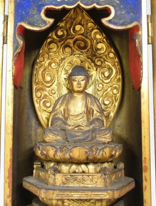 A139: Really old Japanese wood carving ware Gautama Buddha statue with ZUSHI 2