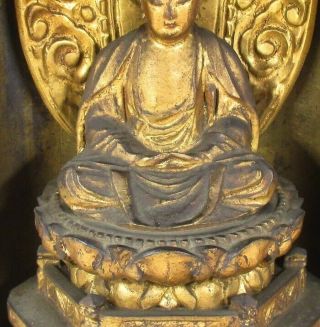 A139: Really old Japanese wood carving ware Gautama Buddha statue with ZUSHI 5
