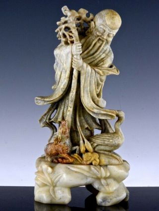 Great Large Chinese Carved Soapstone Immortal With Crane & Deer Figure