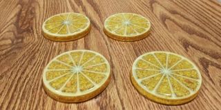 Set Of 4 Vintage Gold Flake Lemon Slice Transparent Acrylic Coasters Cork Bottom