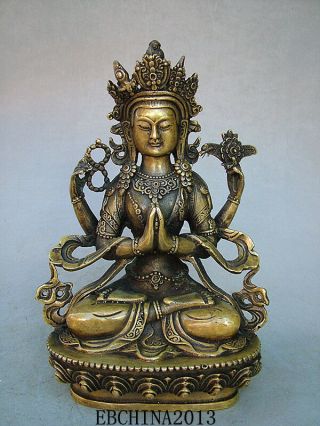 8.  4 " Old Antique Chinese Brass Bronze Tibet Four Arm Guanyin Buddha Statue