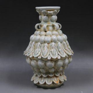 Chinese Old Hutian Kiln Shadow Celadon Glaze Relief Lotus Pattern Porcelain Vase