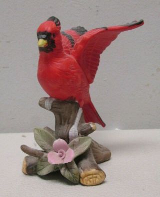 Cardinal On Branch With Flower Porcelain Figurine Red Bird Floral