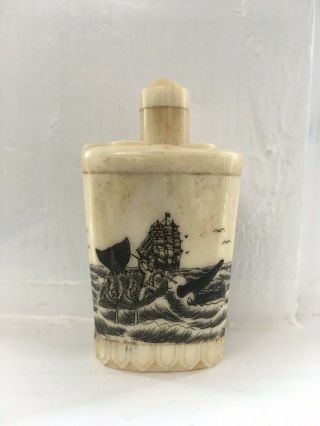 Chinese Snuff Bottle Bone With Unusual Detailed Designs Of Whaling And Boats