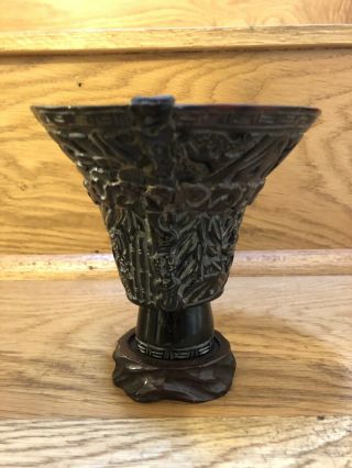 Chinese Buffalo Horn Libation Cup Ritual Vessel Carved Statue Wooden Stand