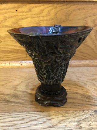 Chinese Buffalo Horn Libation Cup Ritual Vessel Carved Statue Wooden Stand 5