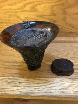 Chinese Buffalo Horn Libation Cup Ritual Vessel Carved Statue Wooden Stand 8
