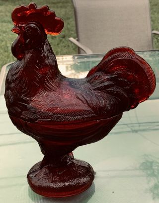 Vintage Chicken Hen Rooster Red Glass Candy Dish