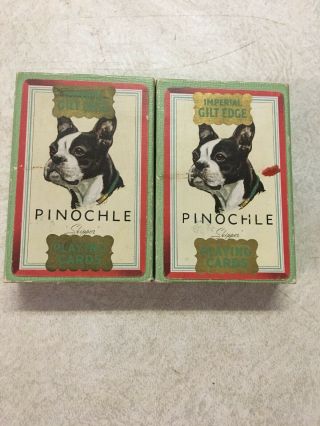 Vintage 2 Decks Of Boston Terrier Imperial Pinochle Playing Cards Skipper