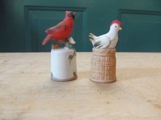 Two Vintage Bisque Thimble Toppers Hen On Nest And Cardinal On Branch