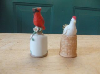 Two Vintage Bisque Thimble Toppers Hen on Nest and Cardinal on Branch 2