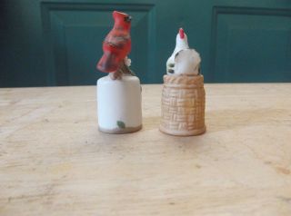 Two Vintage Bisque Thimble Toppers Hen on Nest and Cardinal on Branch 4