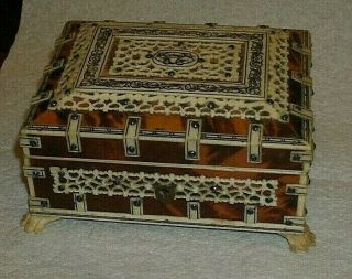 Indian Style Wooden Box,  With Bone And Faux Tortoiseshell Decoration/12x9x5 Cm