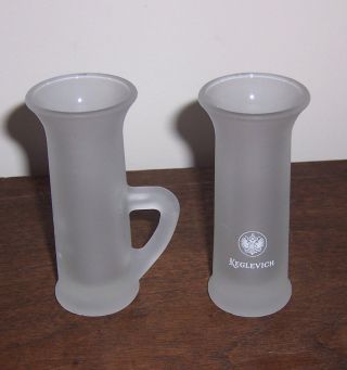 2 Keglevich Vodka Frosted Shot Glasses With Handle Double ? 4 " Tall White Print