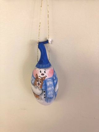 Minature Hand Painted Snowman & Corgi Gourd Ornament / Ann