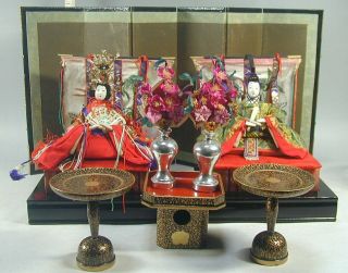 Hina Dolls Set 92 Japanese Vtg Gofun Silk Emperor Empress Kimono Stands Ningyo
