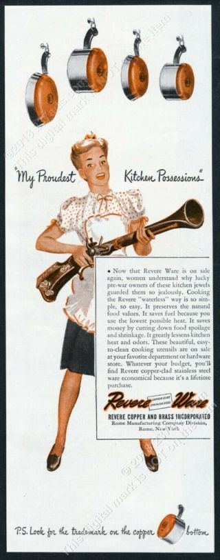 1946 Blunderbuss & Housewife Art Revere Ware Pot Skillet Vintage Print Ad