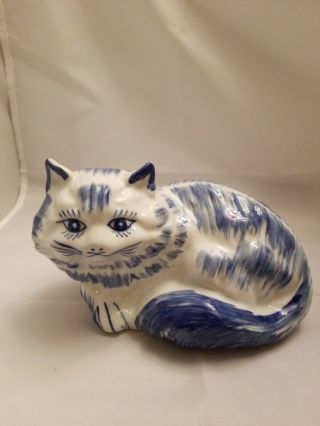 Blue White Ceramic Porcelain Cat Figurine Statute Seymour Mann
