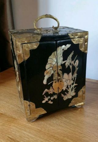 Handmade Chinese Jewellery Box Cabinet Beautifully Detailed Panels Brass Bound