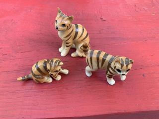 Vintage Bone China Tiger Cats Set Figurines Knick Knacks (3) Glass Kittens Cats
