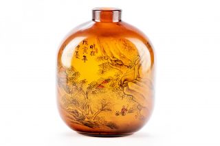 A Large And Rare Chinese Peking Glass Snuff Bottle Vase,  Artist Signed.
