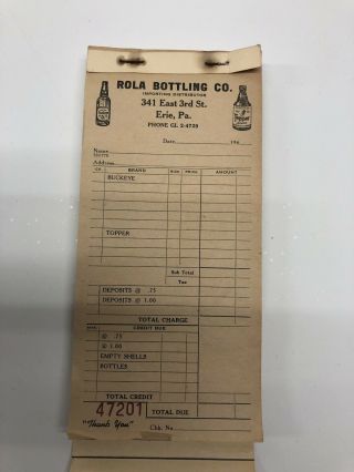 Rare Rola Cola Bottling Erie Pa Beer Salesman Receipt Order Book Pad