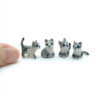 5 Cat Kitten Figurine Ceramic Animal Miniature Tiny Tiger Gray Statue - Cck047