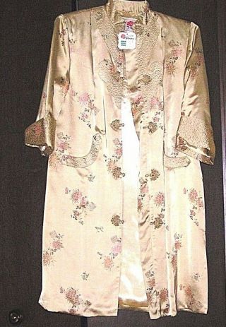 Golden Peony Hand Embroidered Lined Silk Robe Nightgown Small 34 Orig.  Owner Nos
