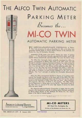 1952 Alfco Twin Parking Meter Becomes Mi - Co Twin Automatic Parking Meter Ad
