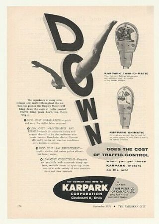 1954 Karpark Twin - O - Matic Unimatic Parking Meters Down Cost Ad
