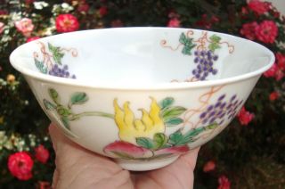 Pair Antique Chinese Porcelain Bowls - Enamel Peaches - Signed Chop Mark
