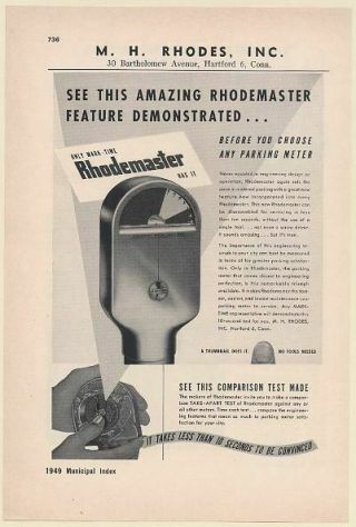1949 M.  H.  Rhodes Mark - Time Rhodemaster Parking Meter Print Ad