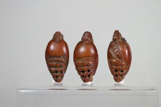 Antique Chinese 19th Century Carved Hediao Nut Bead x3 Lohan FINE 3