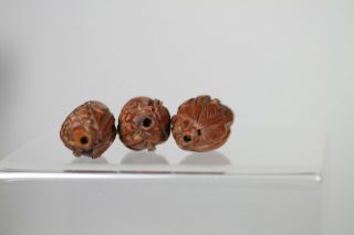Antique Chinese 19th Century Carved Hediao Nut Bead x3 Lohan FINE 5