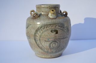 Antique Korean Hand Painted Pottery Stoneware Vase