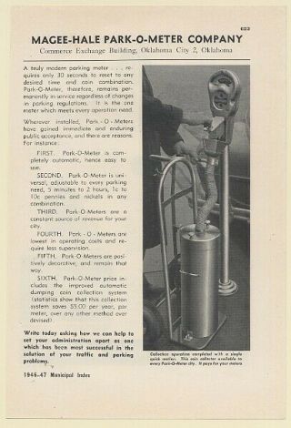 1946 Magee - Hale Park - O - Meter Parking Meter Coin Collector Print Ad