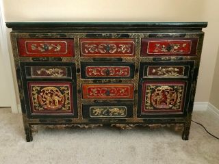 Antique Chinese Cabinet,  Hand Painted Black Lacquer