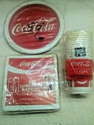 Coca Cola Paper Plates,  Napkins,  Plastic Cups - Un Opened Vintage 1980 
