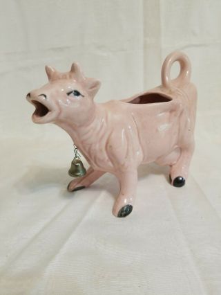 Vintage Ceramic Pink Cow Dairy Creamer With Bell Artmark Paper Label